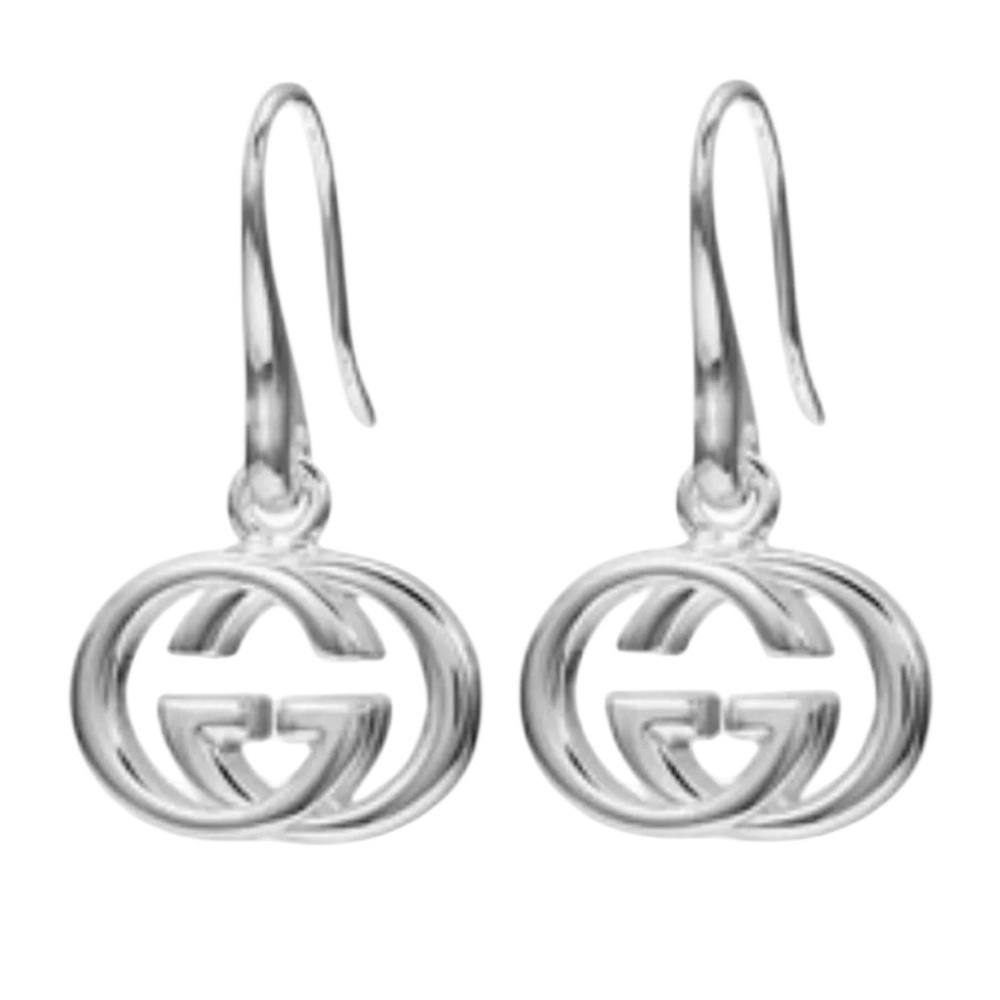 GUCCI Interlocking G Sterling Silver 925 Hoop Pierced Earrings W/Box & Pouch